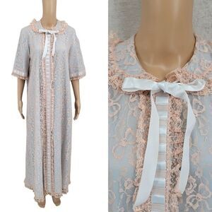 Odette Barsa full-length Housecoat Lace Peignoir Blue Cream Lace Rare Find